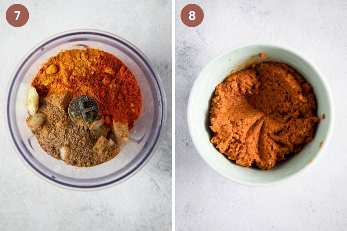 collage of two pictures of curry paste before and after blending.
