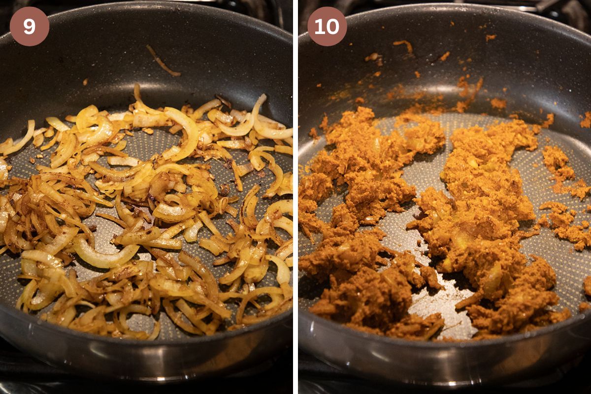 collage of two pictures of frying onions and then curry paste in a pan.
