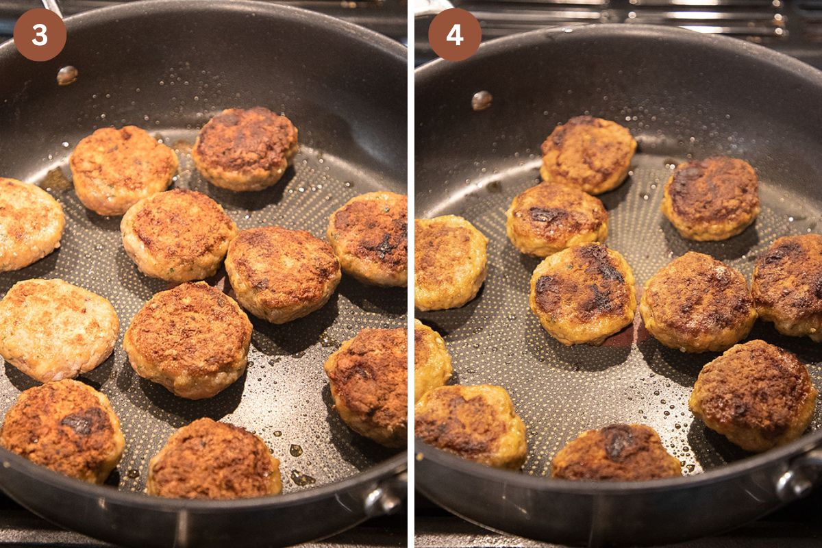 collage of two pictures of frying meatballs in a nonstick pan.