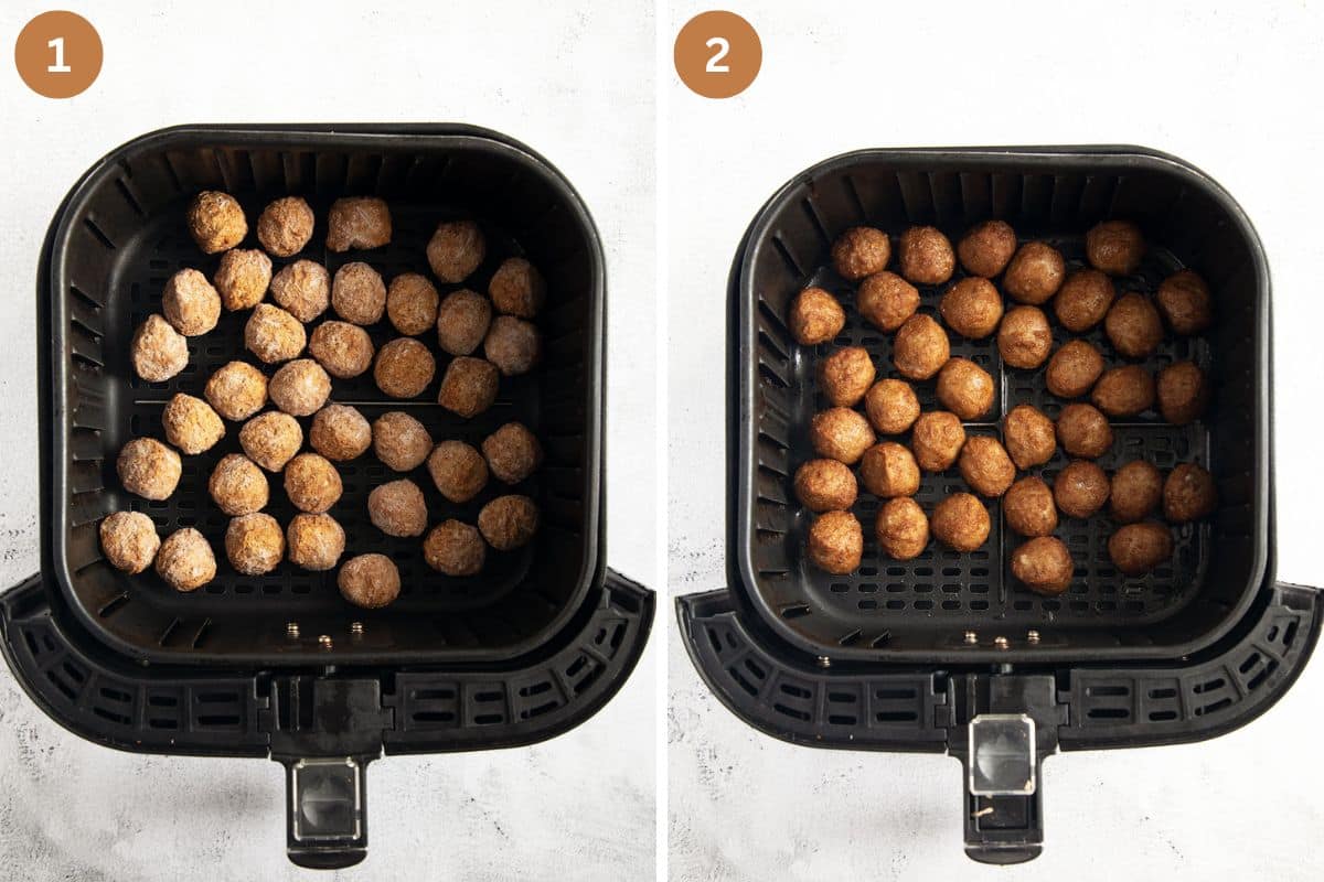 collage of two pictures of frozen meatballs in the air fryer basket before and after cooking.