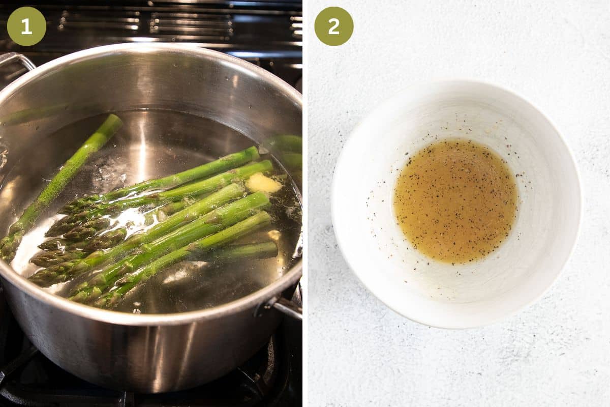 collage of two pictures of boiling asparagus in a pan and a bowl of vinaigrette.
