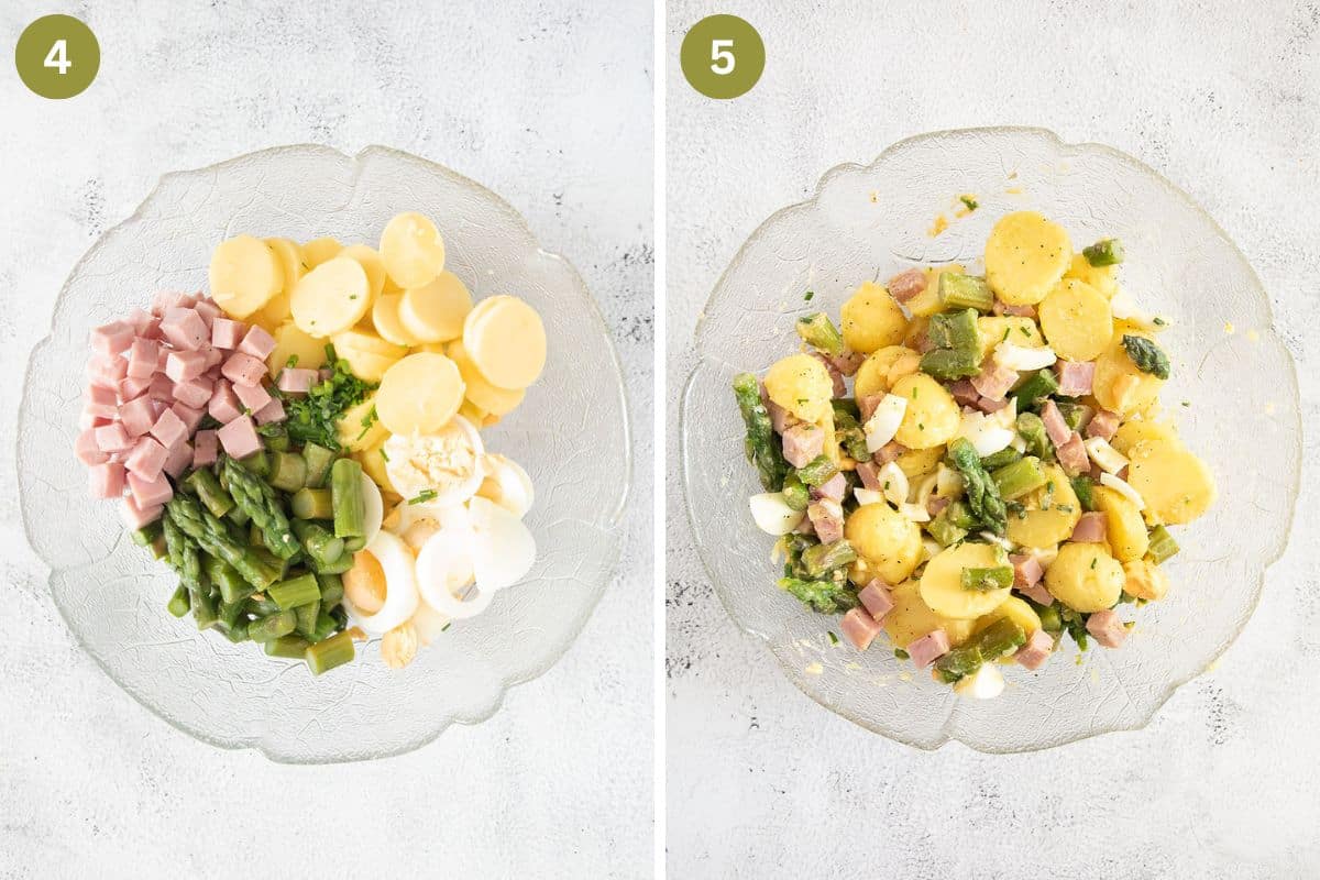 collage of two pictures of chopped potato salad ingredients in a bowl.