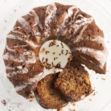 sliced banana bread bundt cake with chocolate chips.