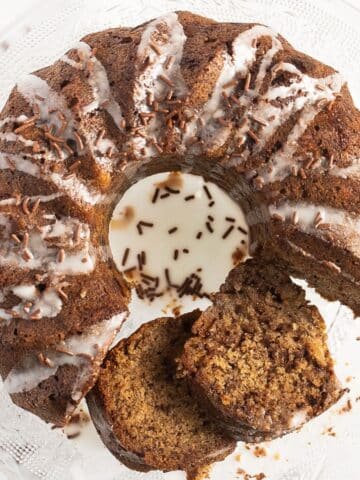sliced banana bread bundt cake with chocolate chips.