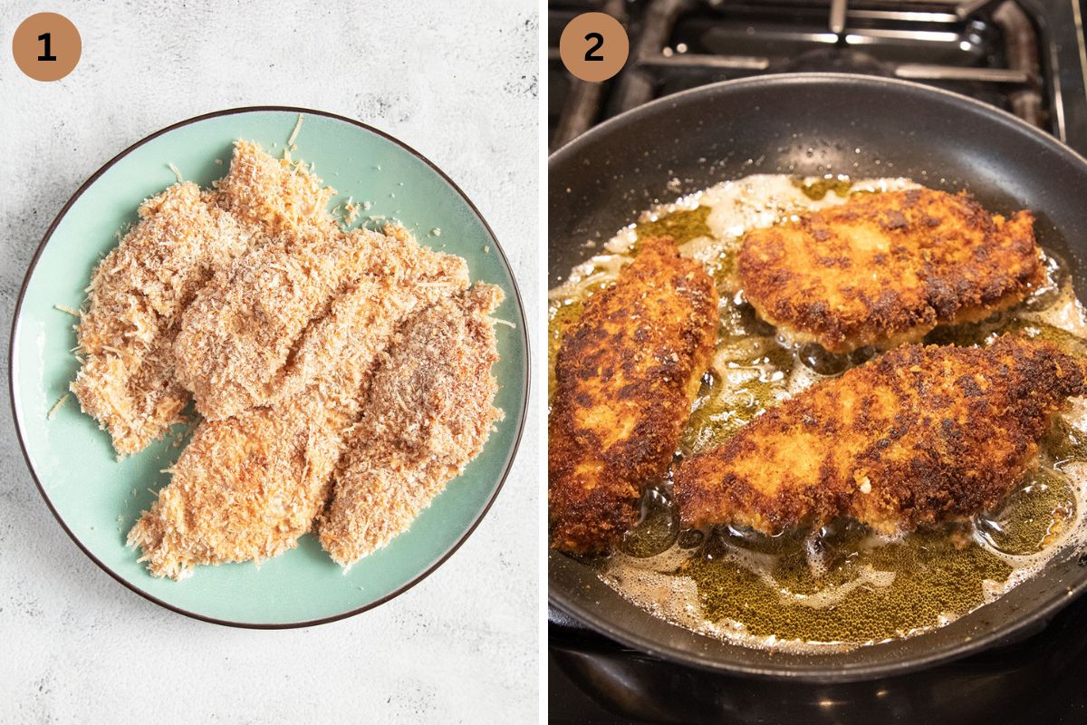 collage of two pictures of breading and frying chicken fillets.