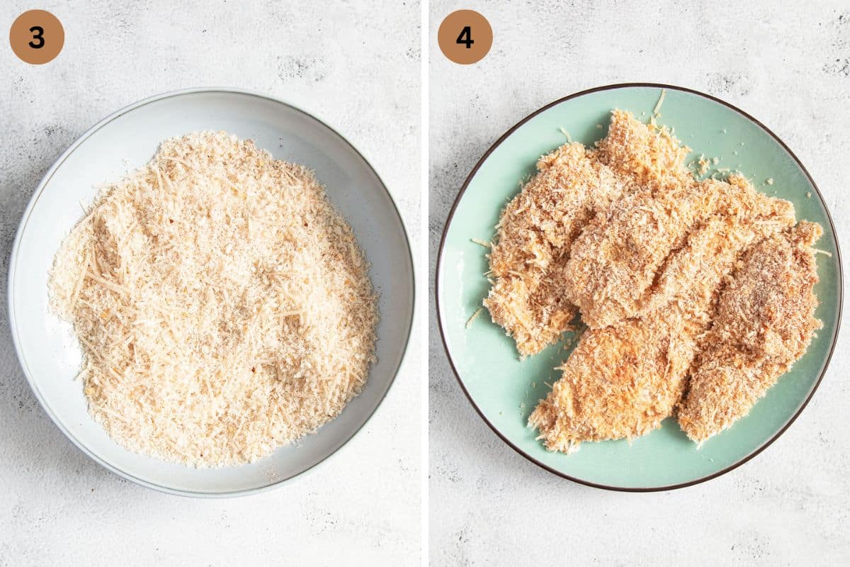 collage of two pictures of panko breading and breaded chicken breast pieces.
