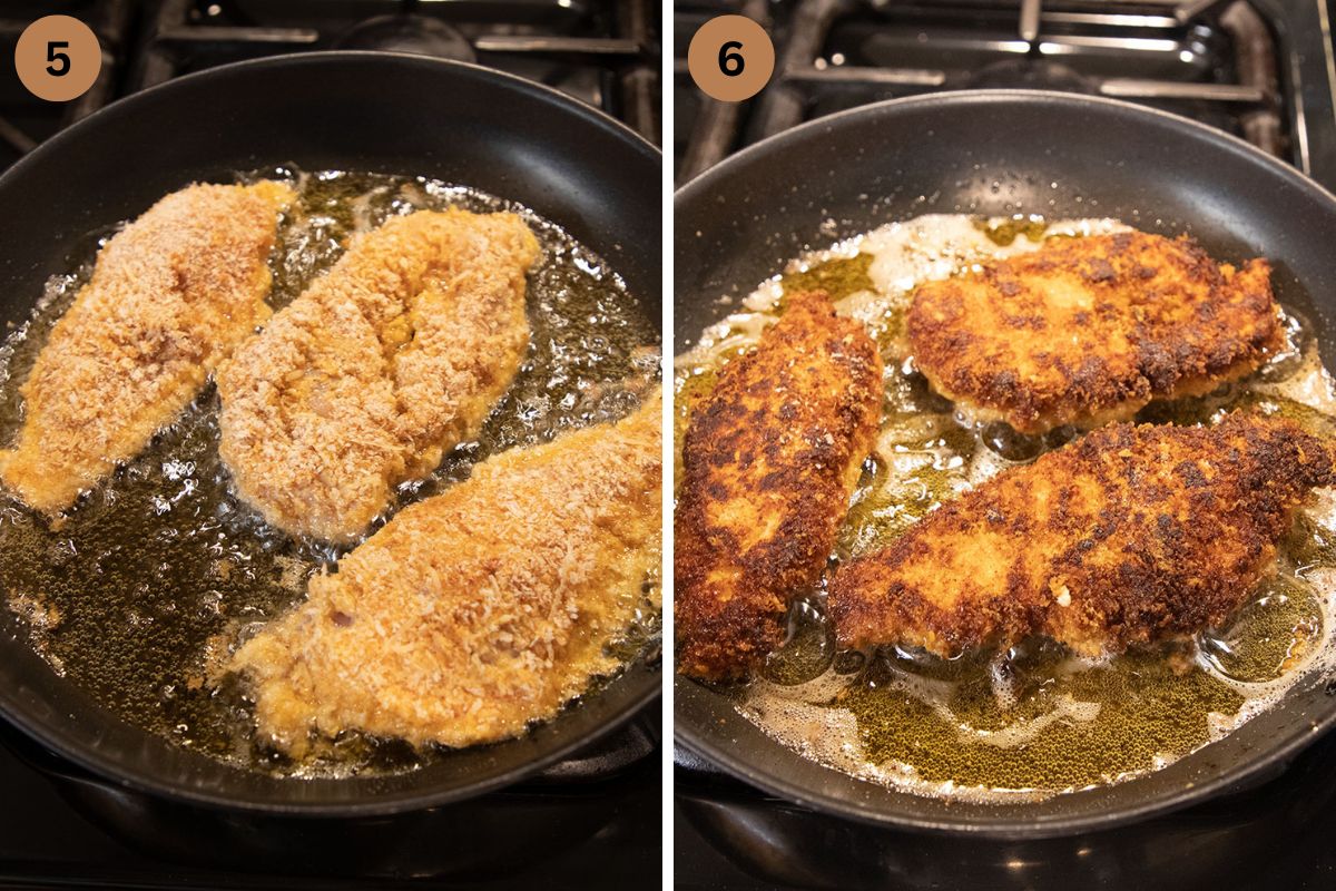 collage of two pictures of breaded chicken frying in a pan on both sides.