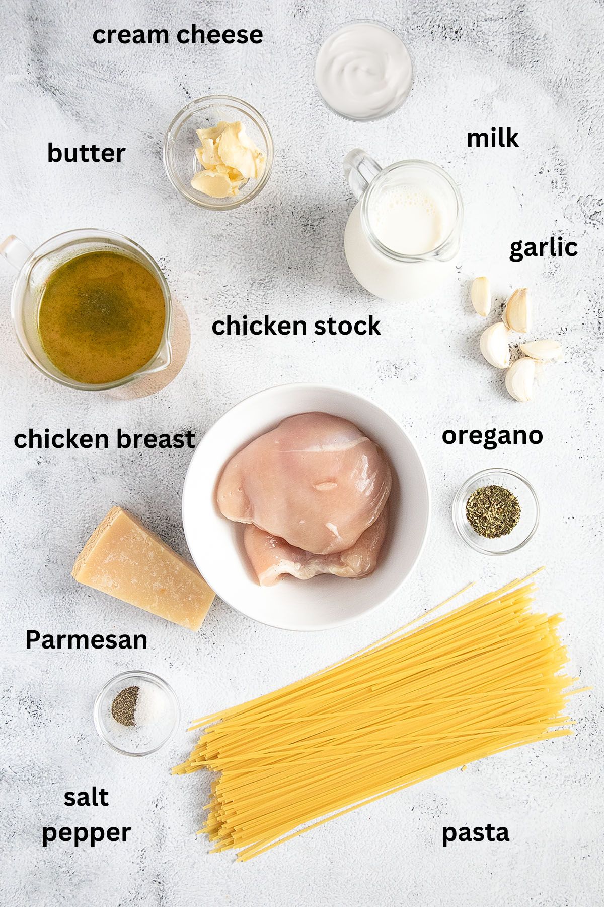 listed ingredients for making fettuccine with garlic, chicken, parmesan in one pot.