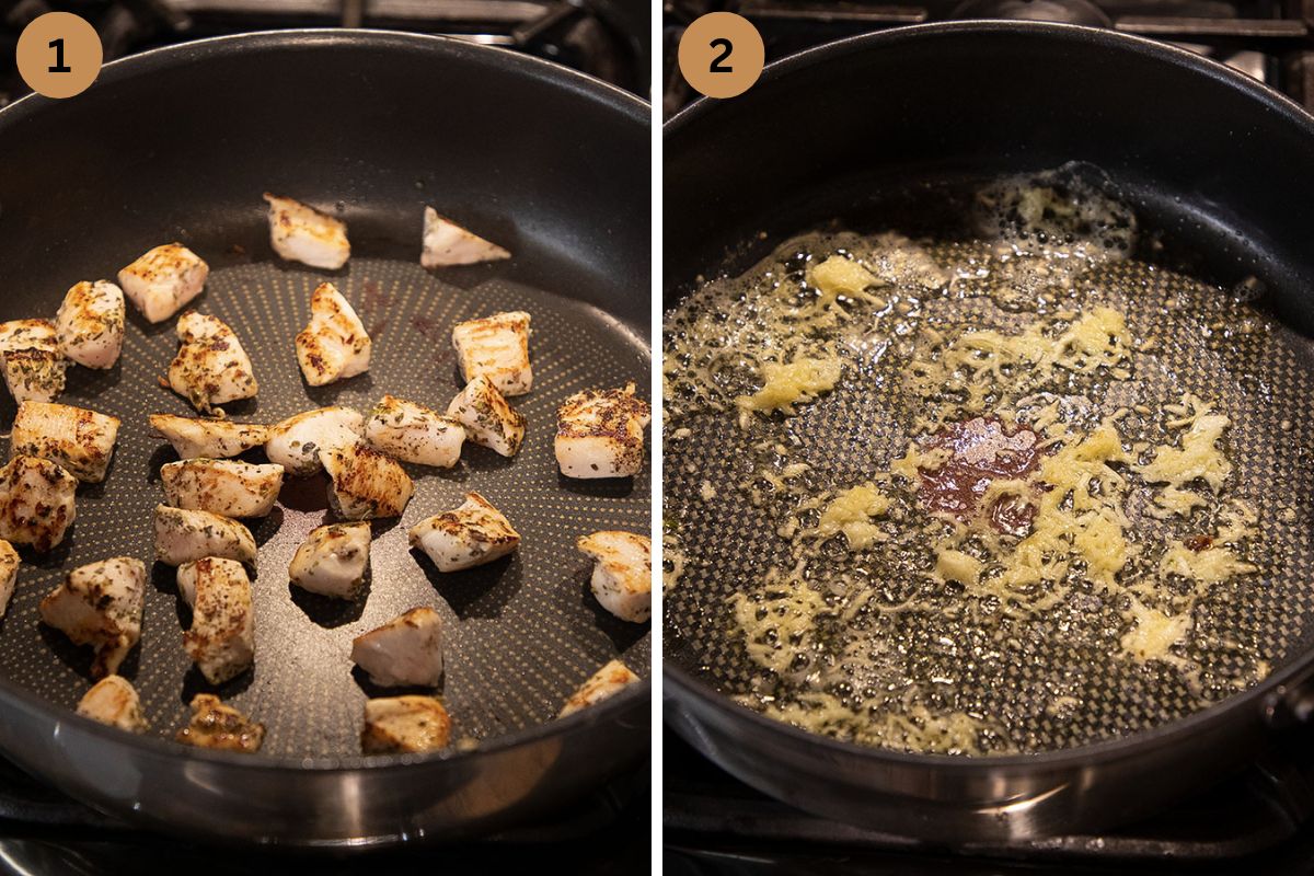 collage of two pictures of cooking chicken breast and then garlic in a pan.