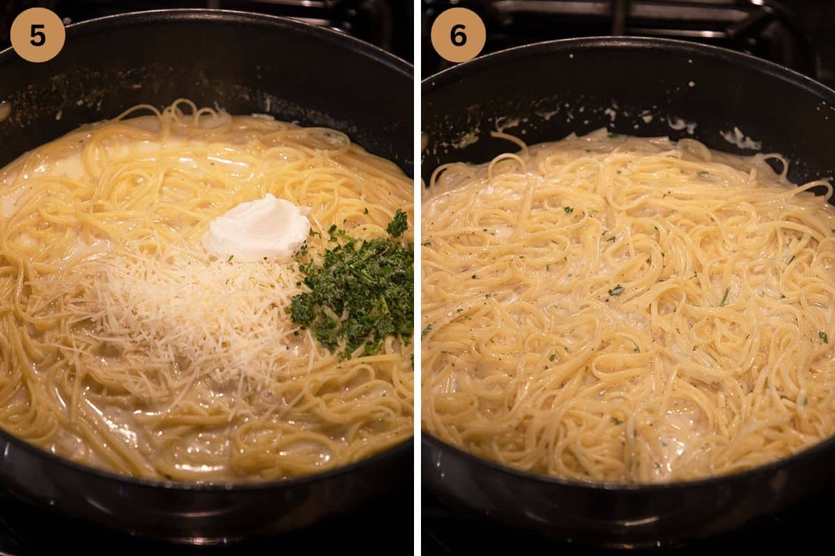 collage of two pictures of adding parmesan, cream cheese and parsley to spaghetti.