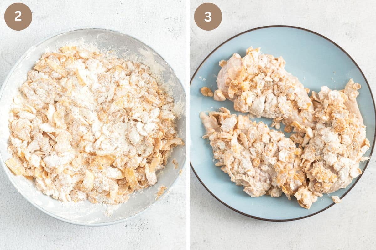collage of two pictures of cornflake flour coating and pieces of chicken coated in it.