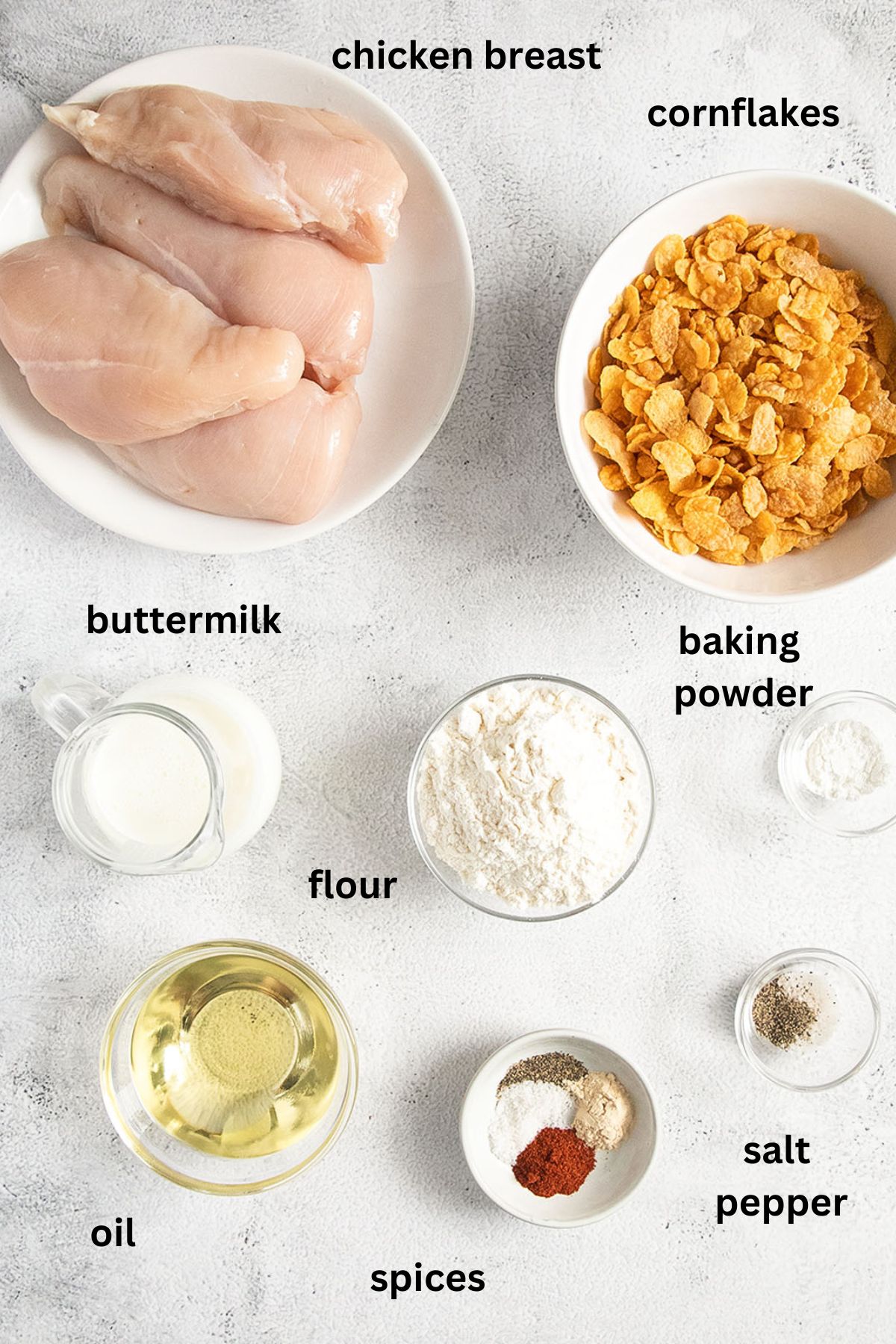 listed ingredients for fried chicken for crispy chicken burger.