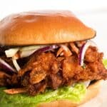 pinterest image with title for crispy chicken burger.