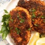 pinterest image with title for breaded chicken fillets.