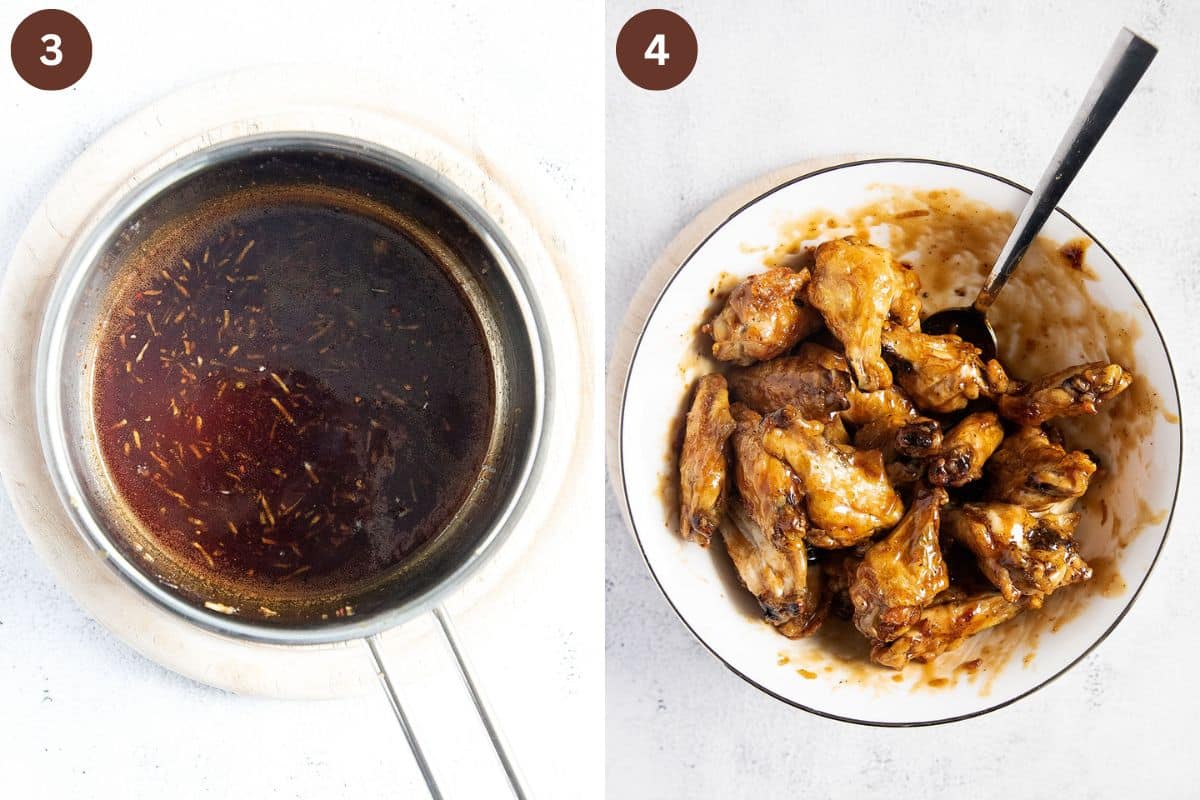 collage of two pictures of honey garlic sauce in a pan and glazed wings in a bowl.