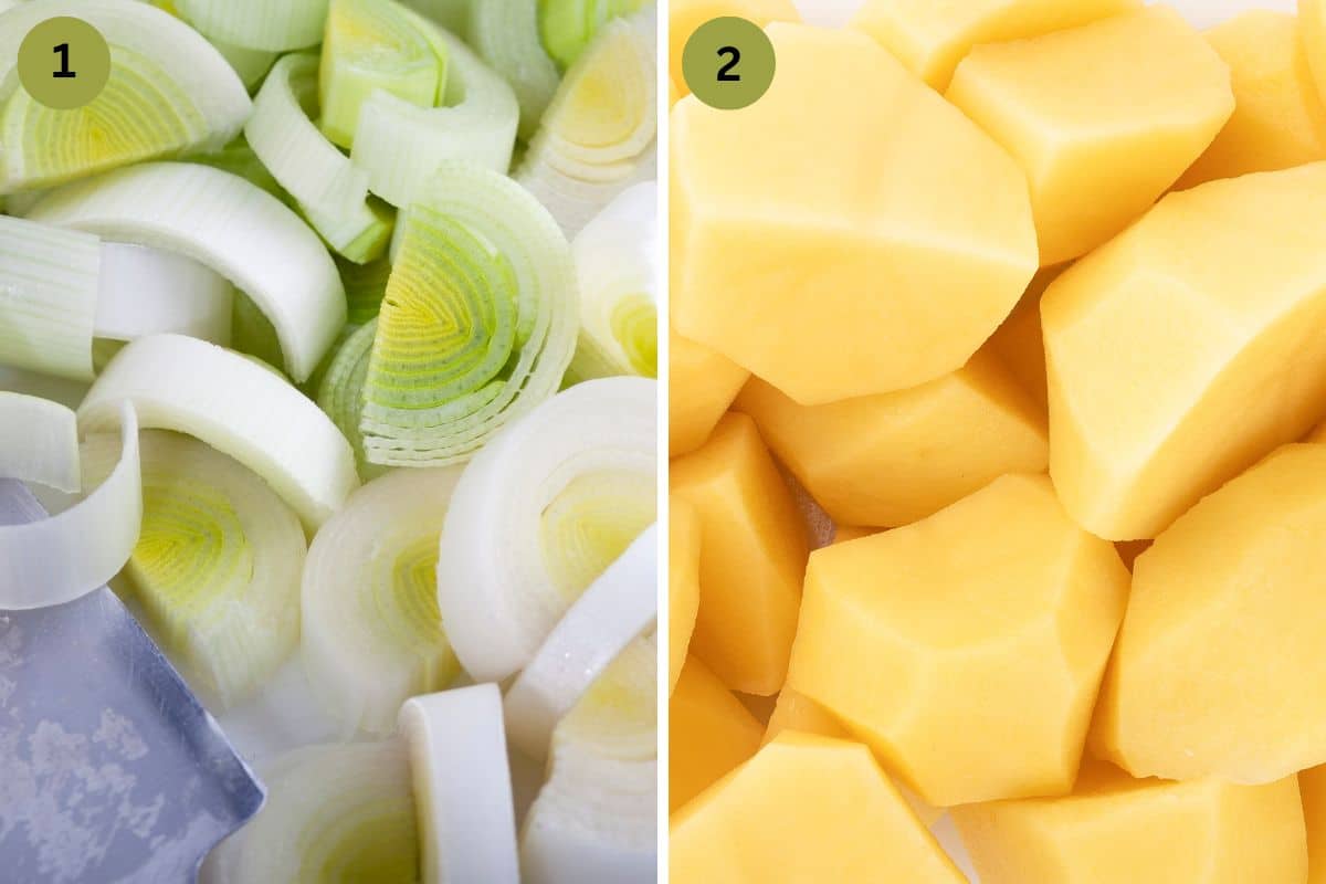 collage of two pictures of chopped leeks and potatoes.