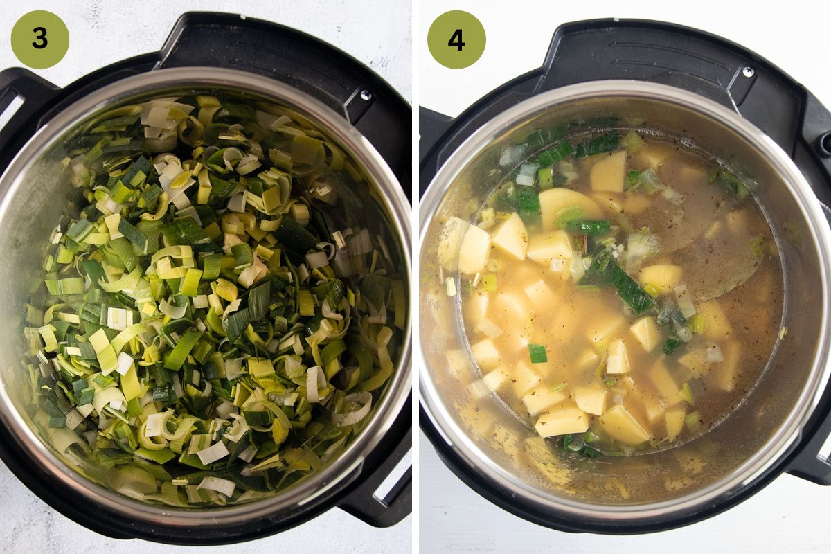 collage of two pictures of sauteing leeks in the instant pot and adding stock and potatoes.