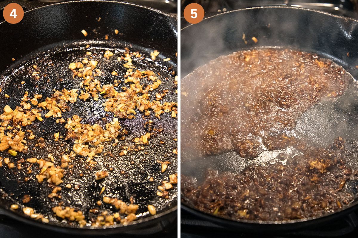 collage of two pictures of frying shallots and reducing white wine in a skillet.