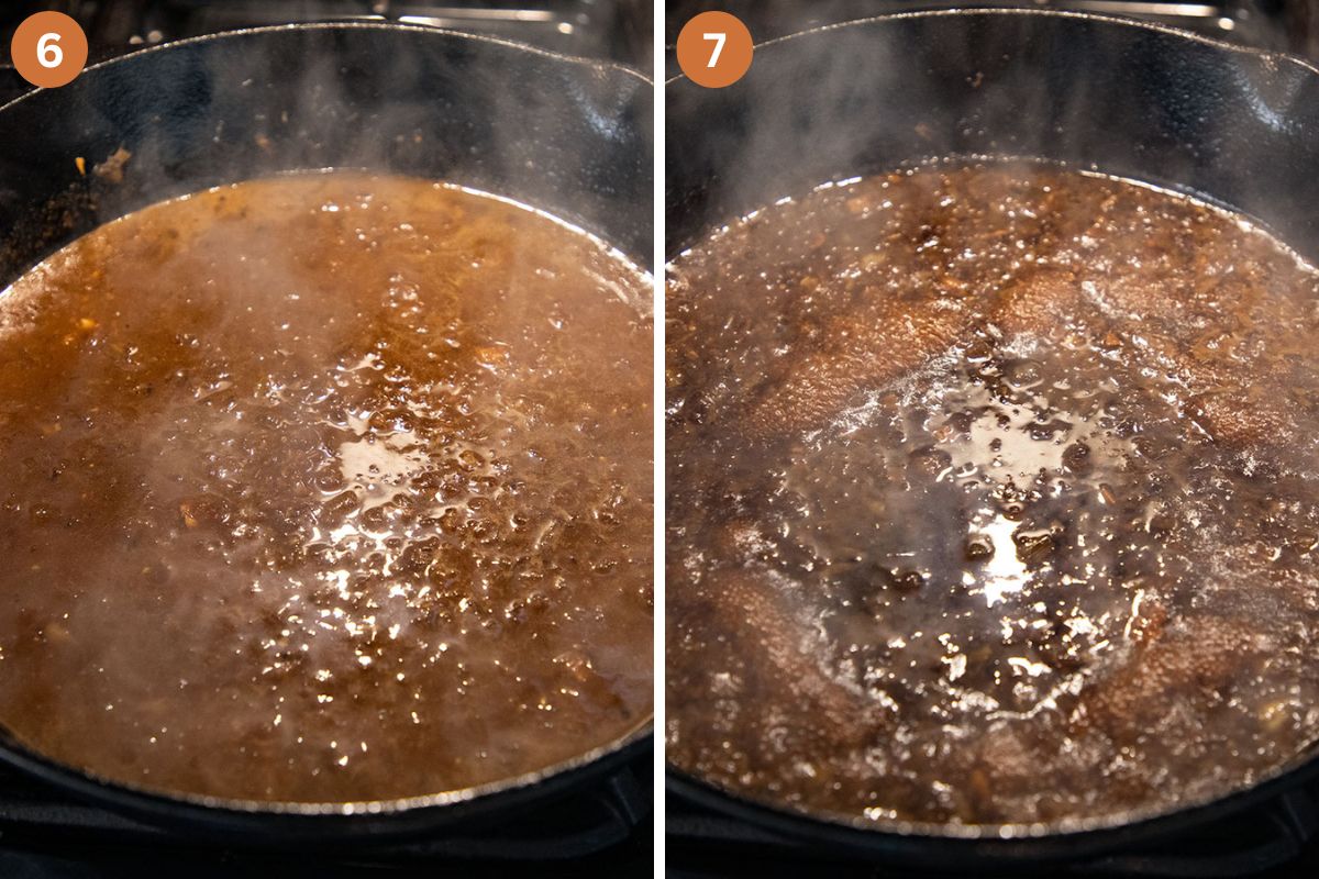 collage of two pictures of reducing the sauce for chicken in a skillet.
