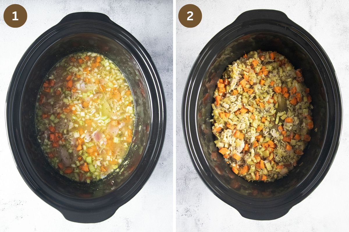 collage of two pictures of uncooked and cooked chicken and rice in a crock pot.
