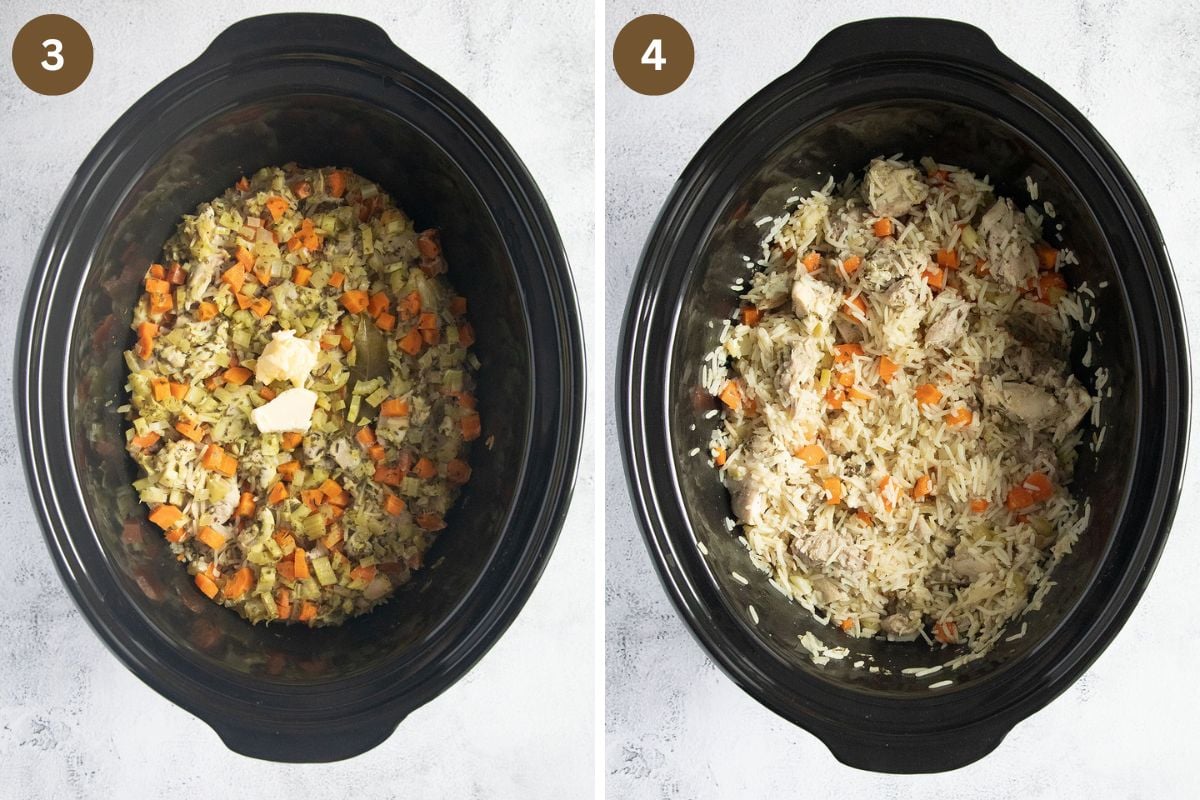 collage of two pictures of adding butter to rice with chicken in the pot of a slow cooker.