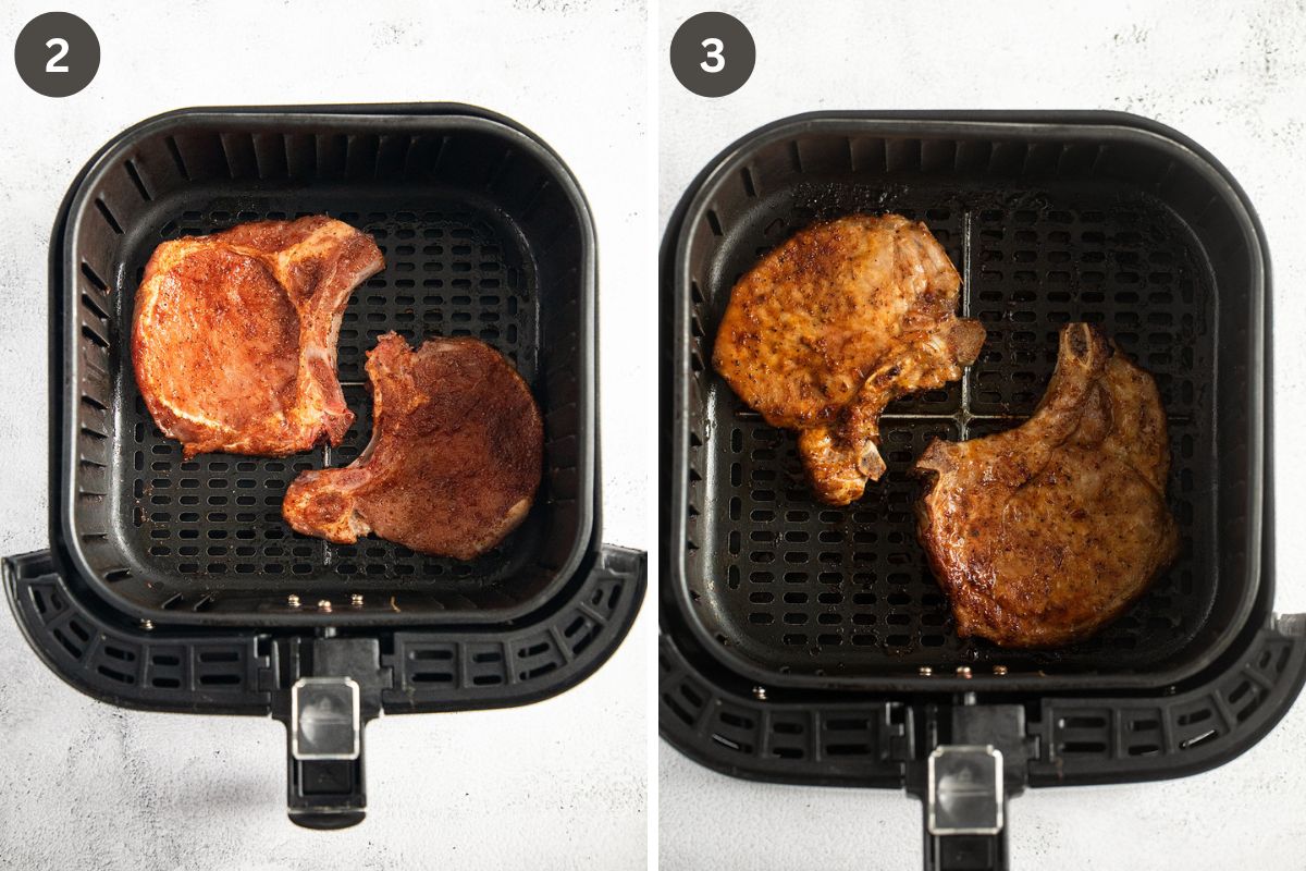 pork chops in air fryer basket before and after cooking.