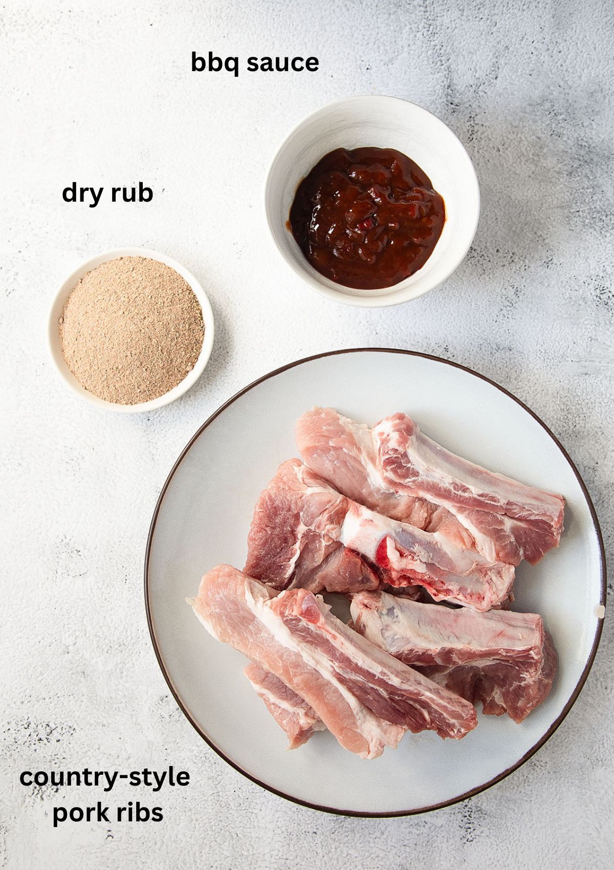 labeled ingredients for cooking country style ribs with dry rub and bbq sauce.
