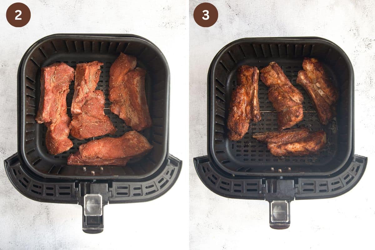 collage of two pictures of country style ribs in air fryer basket.