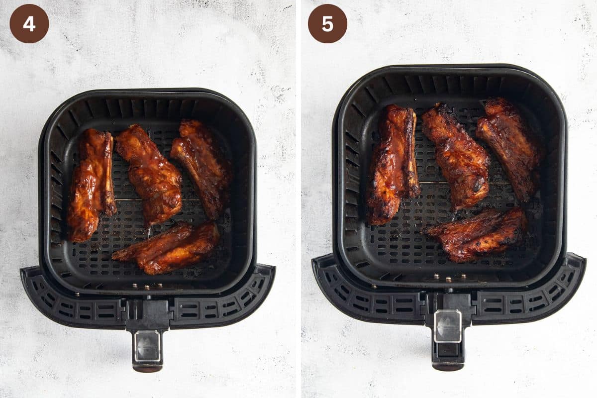 collage of two pictures of ribs in the air fryer basket glazed with bbq sauce.