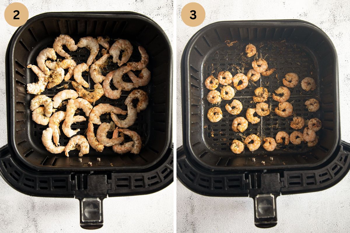 collage of two pictures of frozen shrimp before and after cooking in the air fryer.