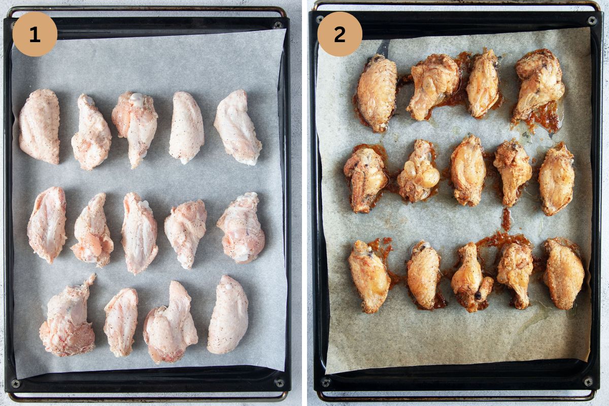 collage of two pictures of wings on a tray before and after baking.
