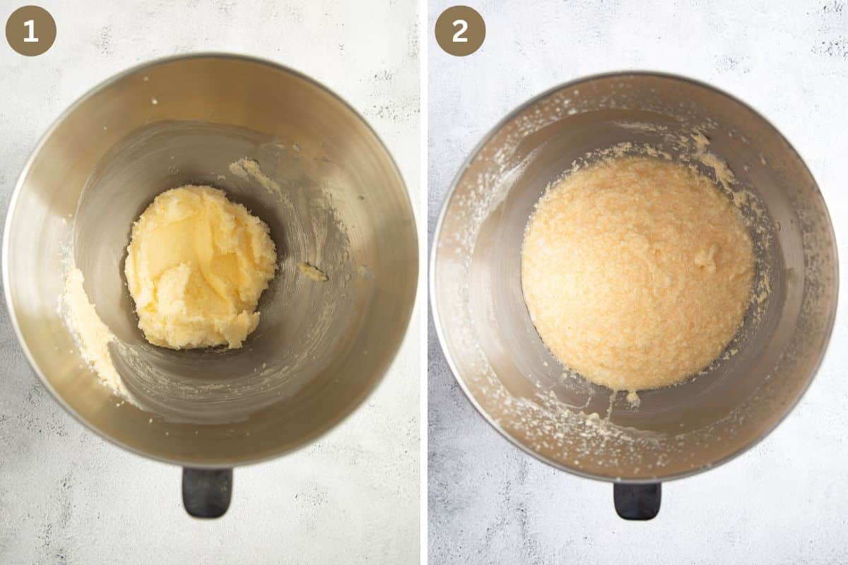collage of two pictures of making cake batter in a bowl.