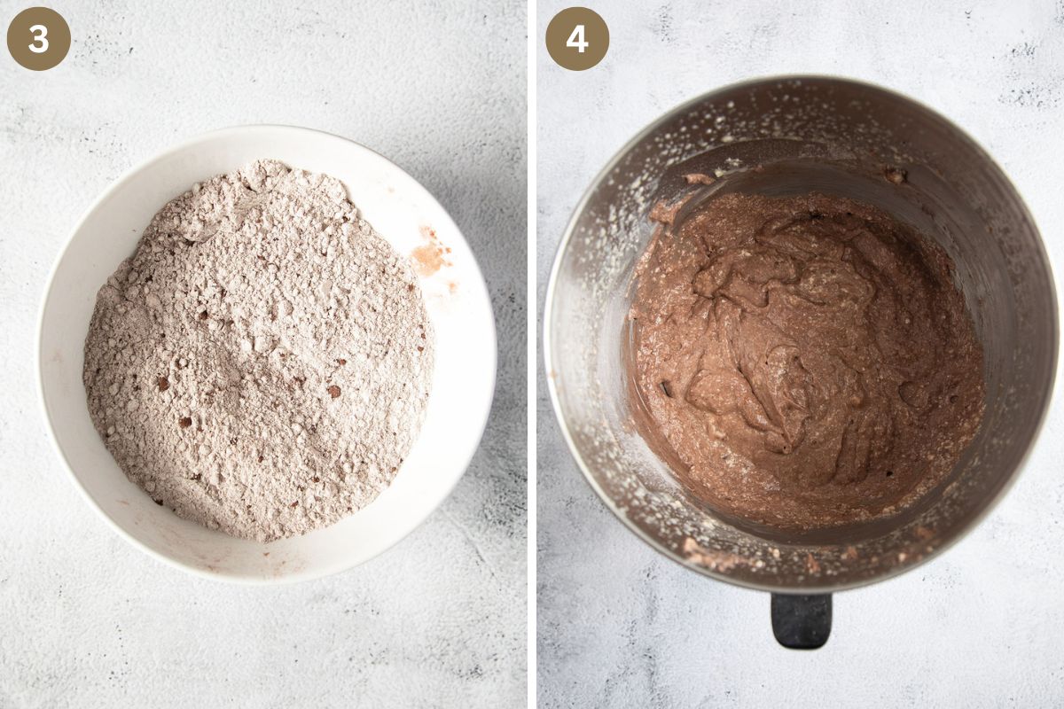 collage of two pictures of flour mixture for cake and cake batter in a bowl.