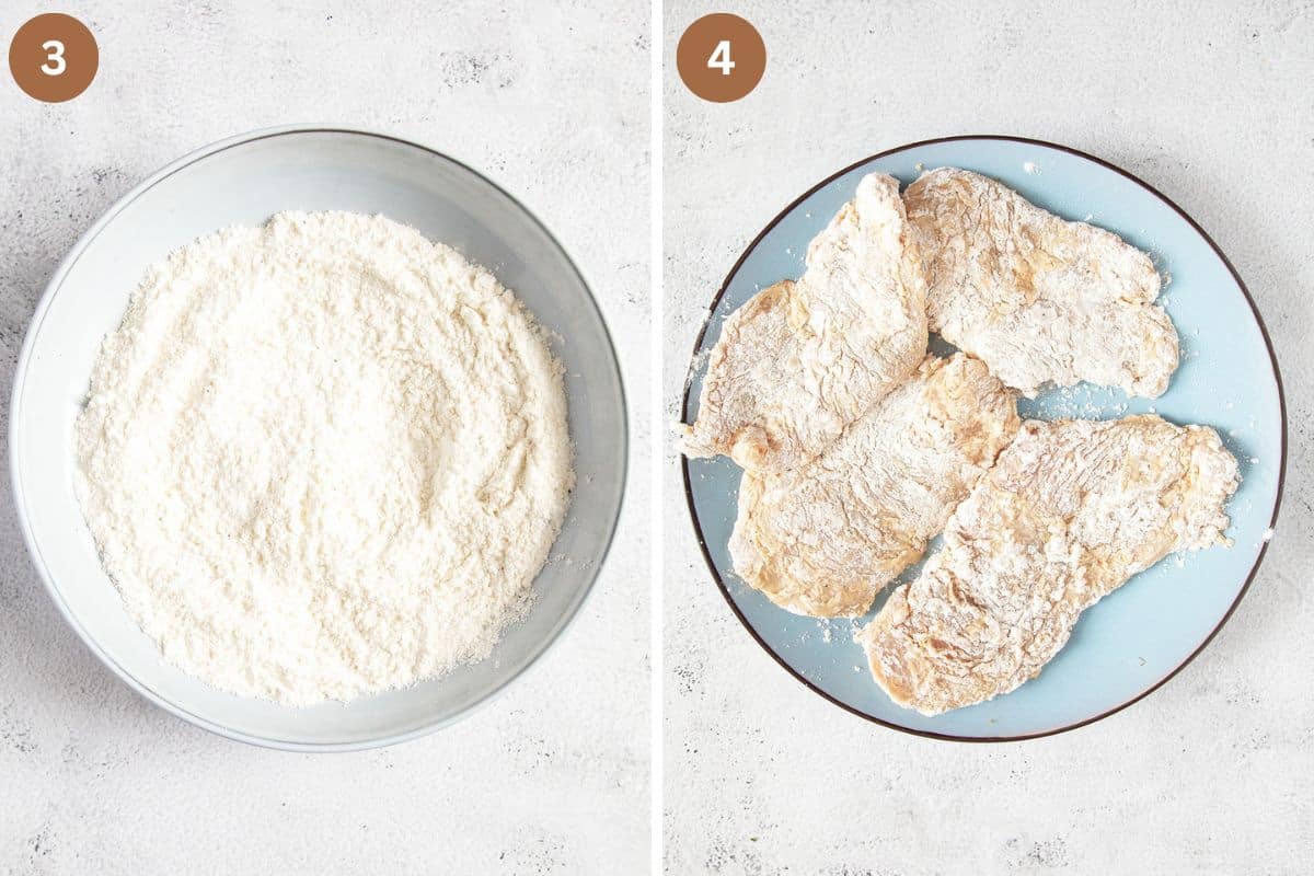collage of two pictures of a bowl of flour and flour coated chicken fillets.