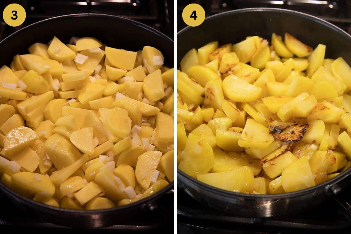 collage of two pictures of frying chopped potatoes.