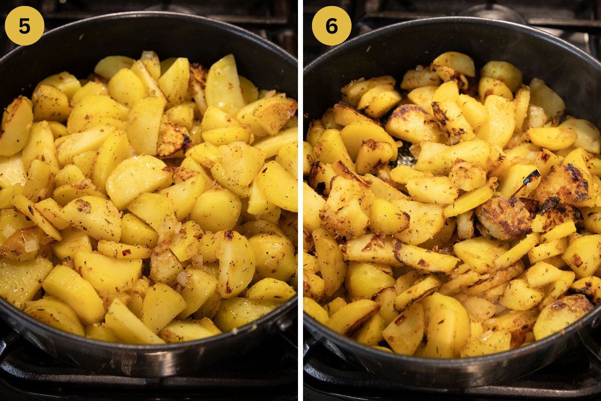 collage of two pictures of frying potatoes and onions with spices in a pan.