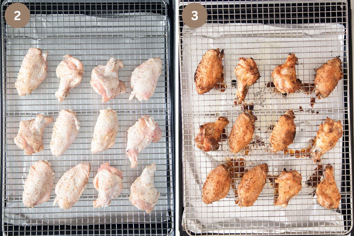 collage of two pictures of chicken wings on a baking rack before and after cooking.