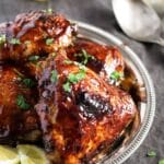 pinterest image with title for honey chicken thighs.