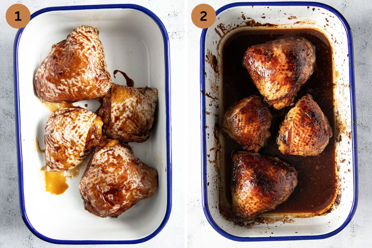 collage of two pictures of glazed chicken thighs before and after baking.