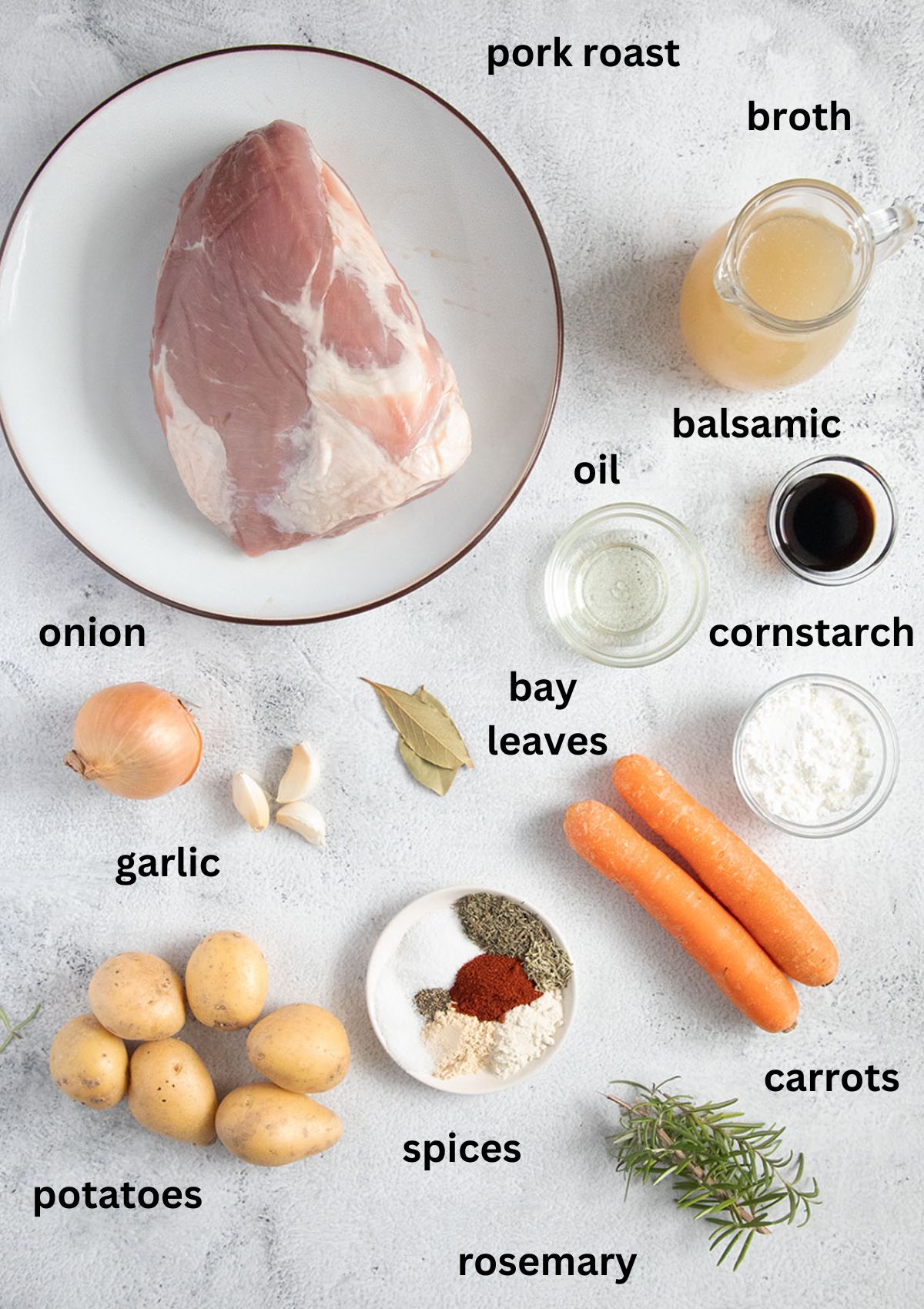 listed ingredients for making pork roast with potatoes, carrots and gravy.