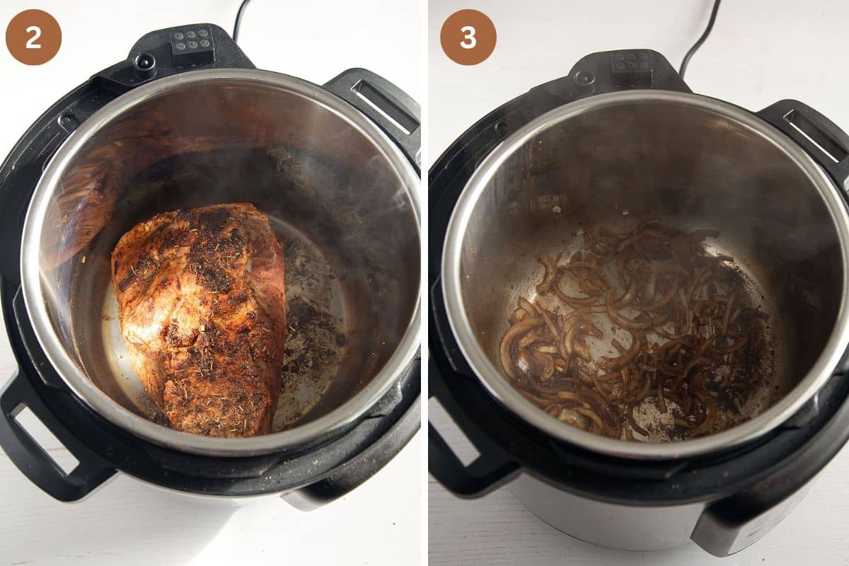 collage of two pictures of searing pork and then onions in the instant pot.