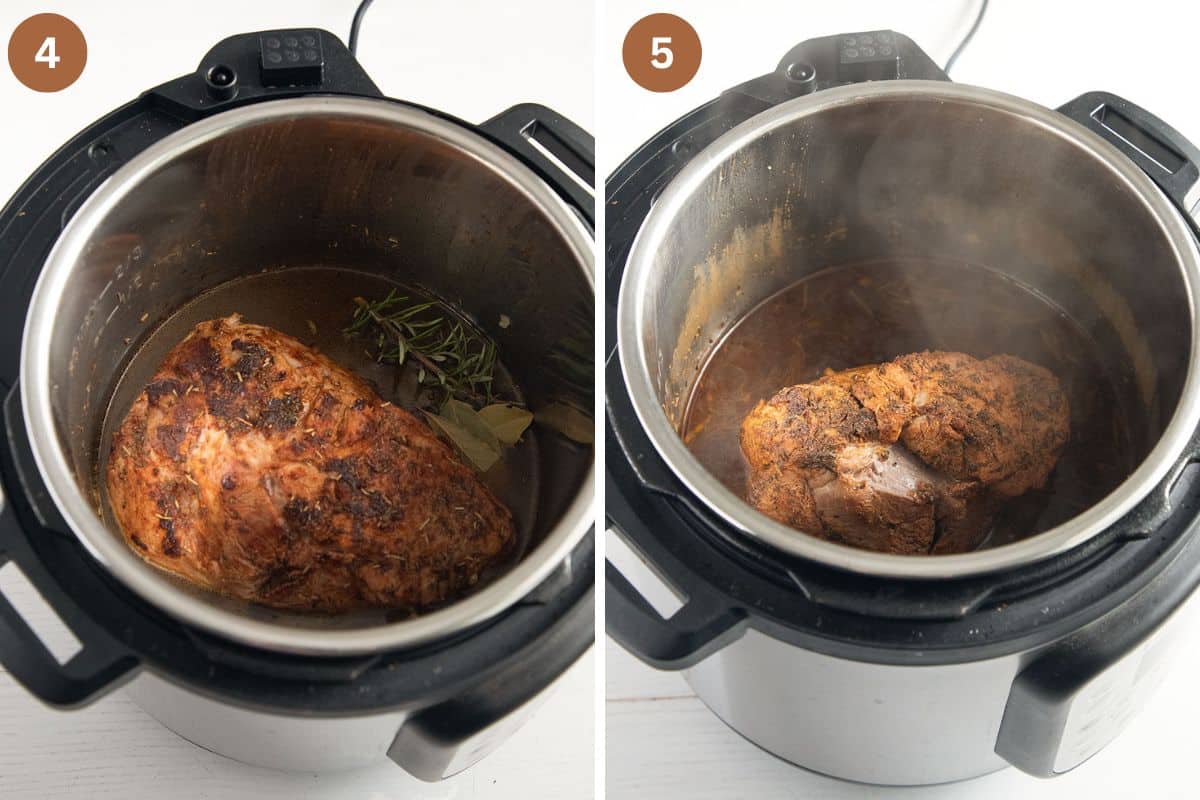 collage of two pictures of pork roast before and after pressure cooking.