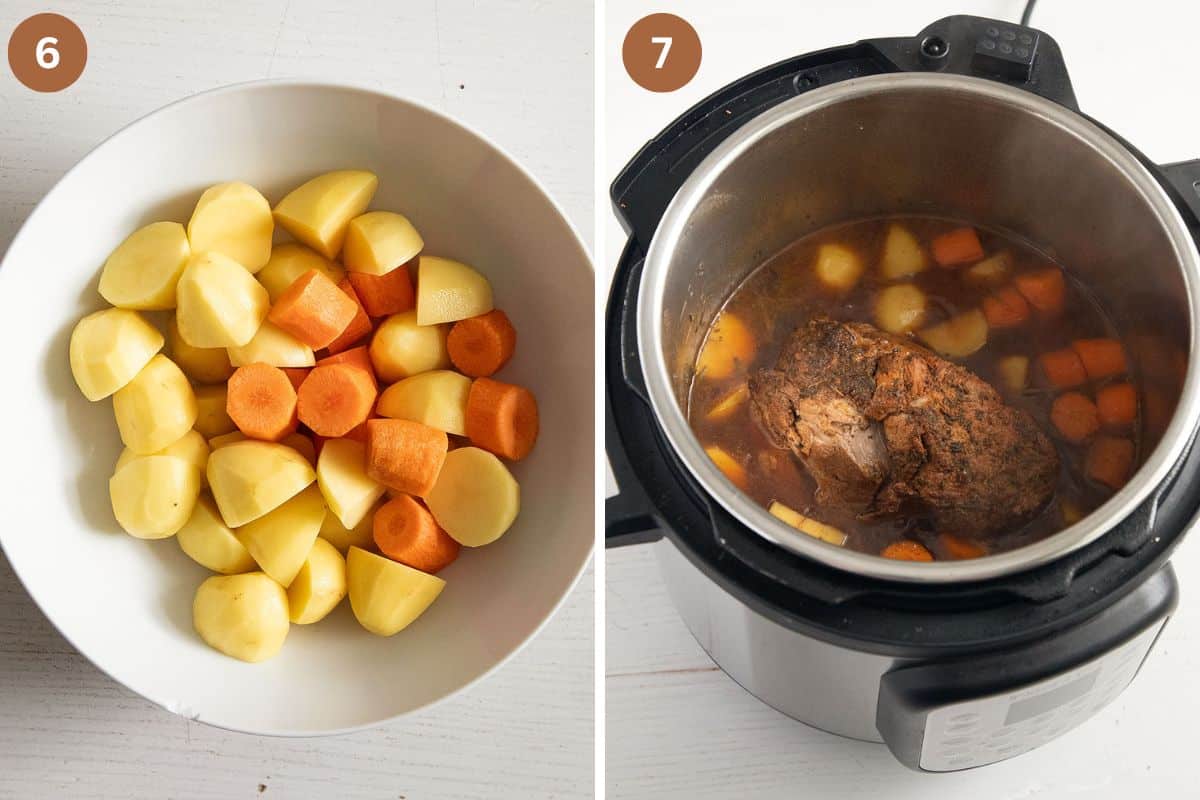 collage of two pictures of chopped potatoes and carrots in a bowl and adding them to instant pot.