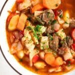pinterest image with title for beef soup in the instant pot.
