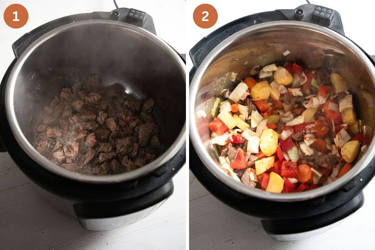 collage of two pictures of browning beef and then vegetables in the instant pot.
