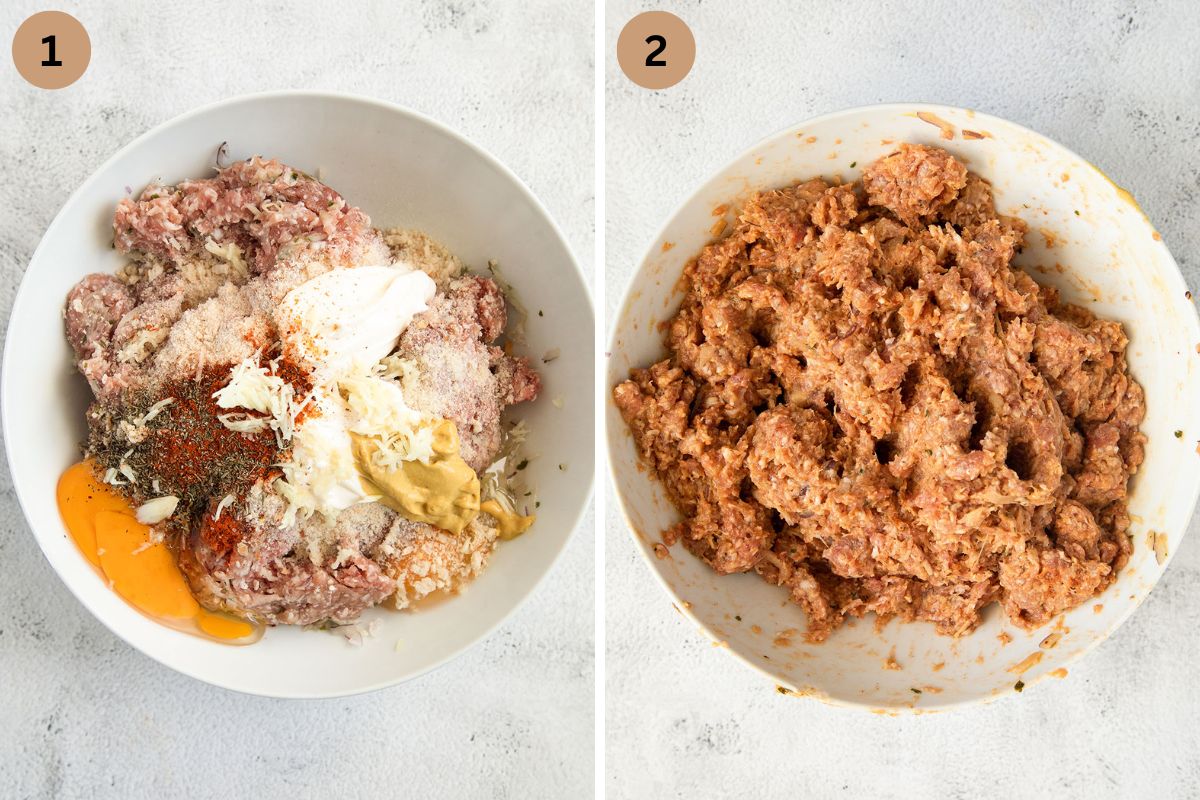 collage of two pictures of ingredients for meatballs in a bowl and then the mixed ingredients.
