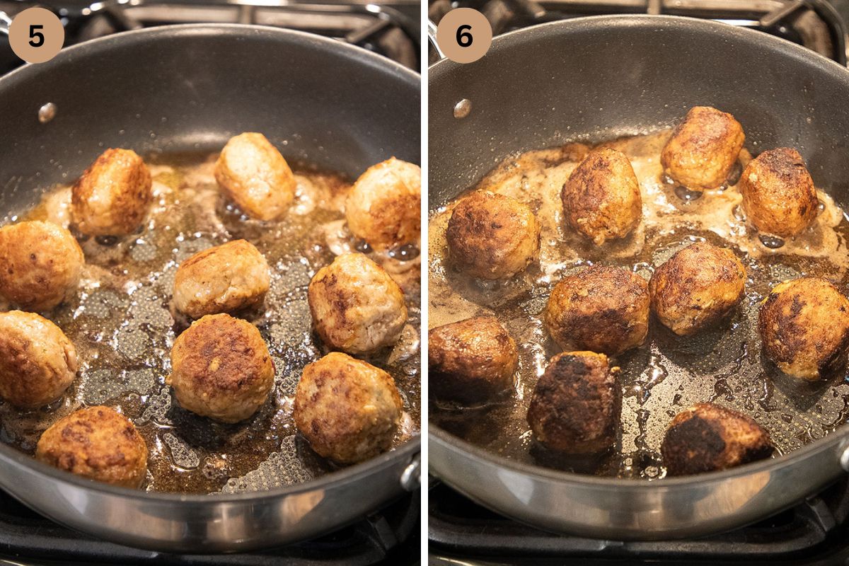 collage of two pictures of frying pork meatballs.