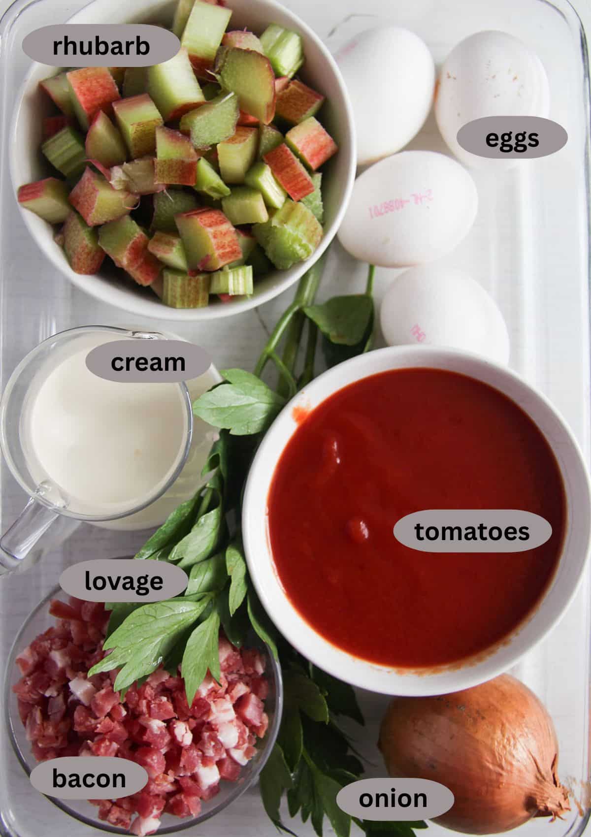 labeled ingredients for making rhubarb soup with passata, bacon, lovage, eggs, onion, and cream.