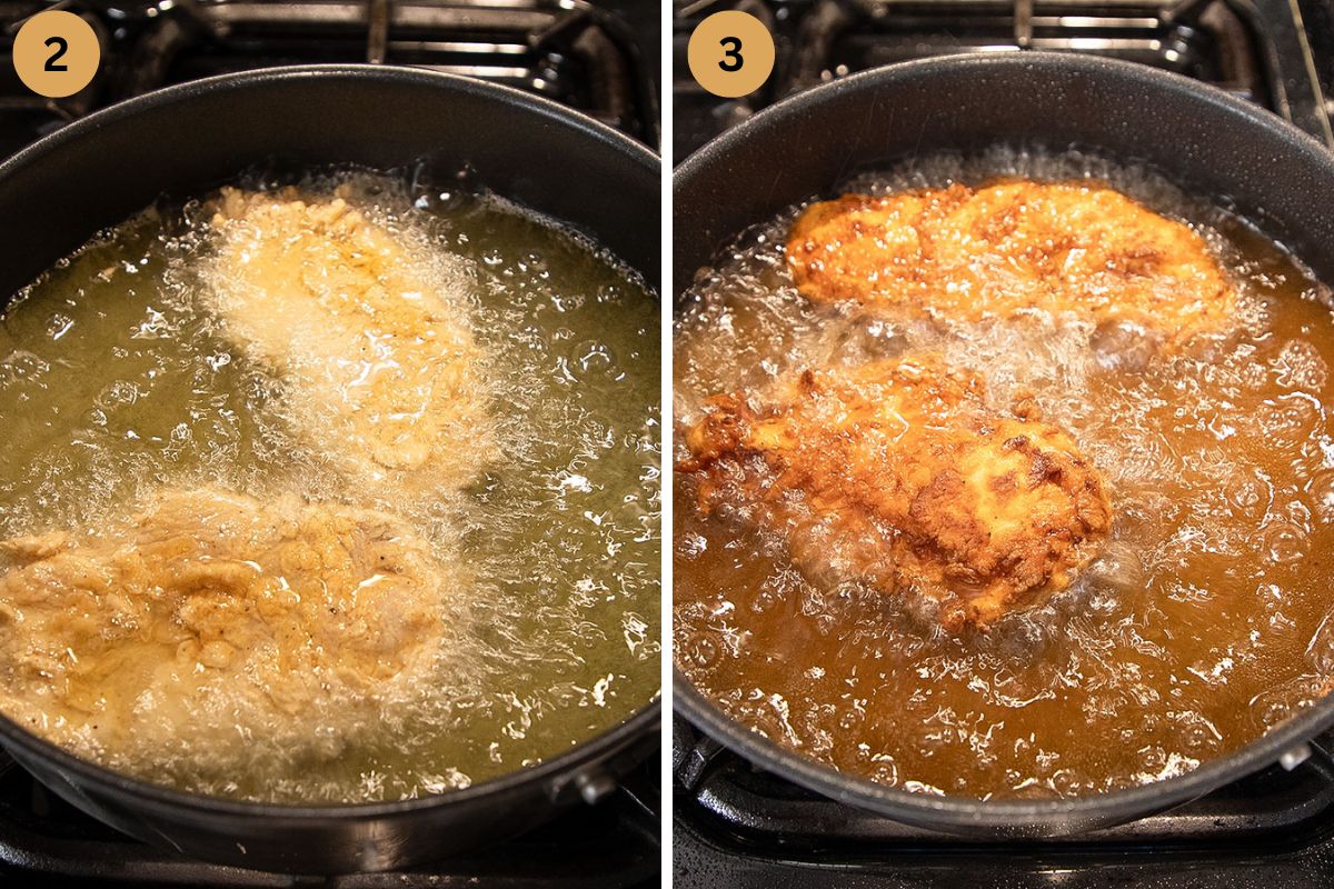collage of two pictures of breaded chicken deep frying in a pan.