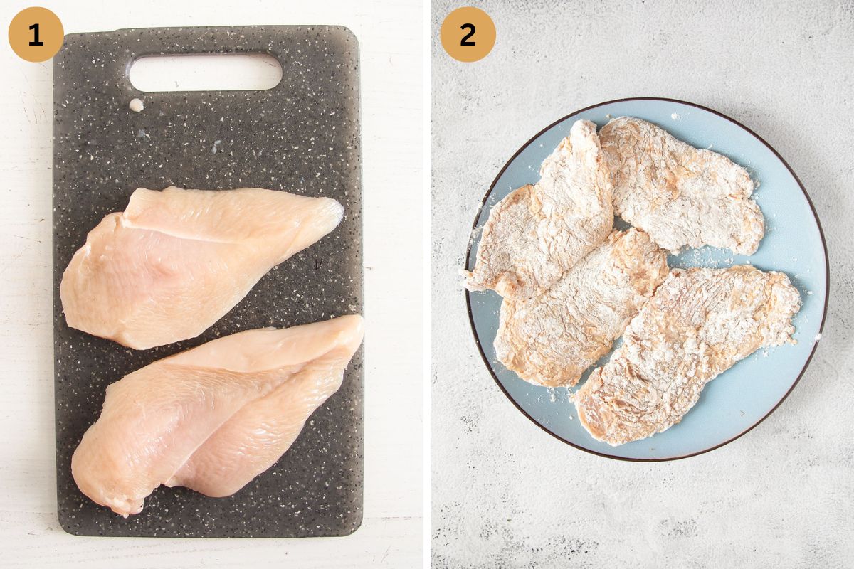 collage of two pictures of sliced and then floured chicken breast.
